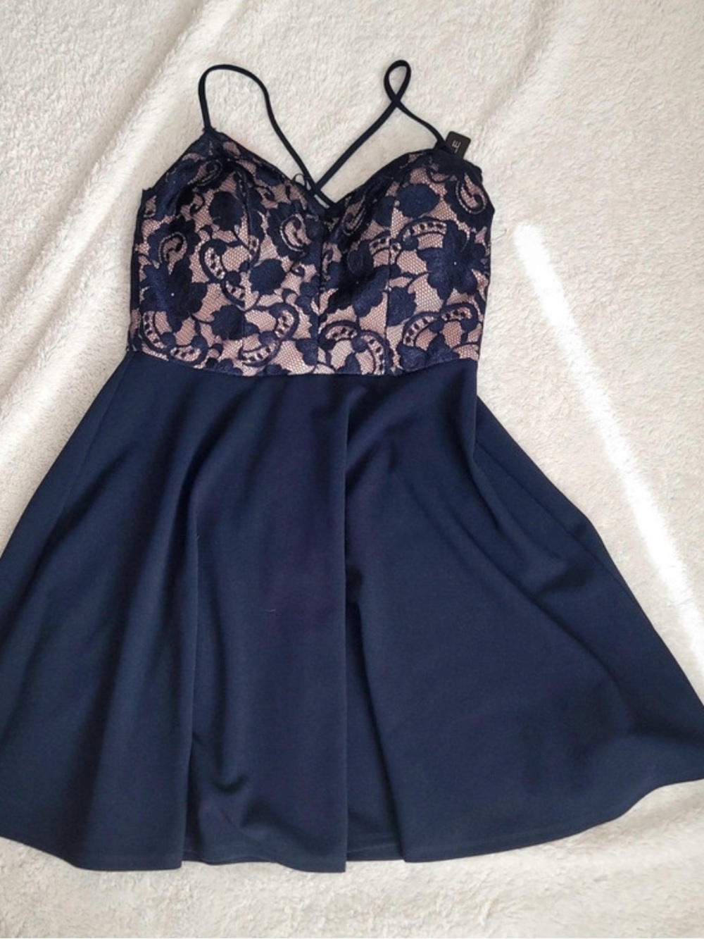 Michele Navy Lace-Overlay Mini Dress with Nude Lining